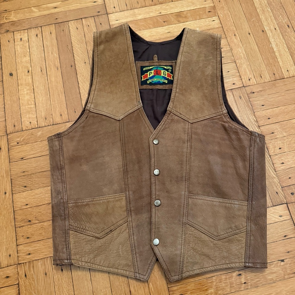 Vintage Color Block Brown and Tan Leather Biker Vest with Snap Buttons